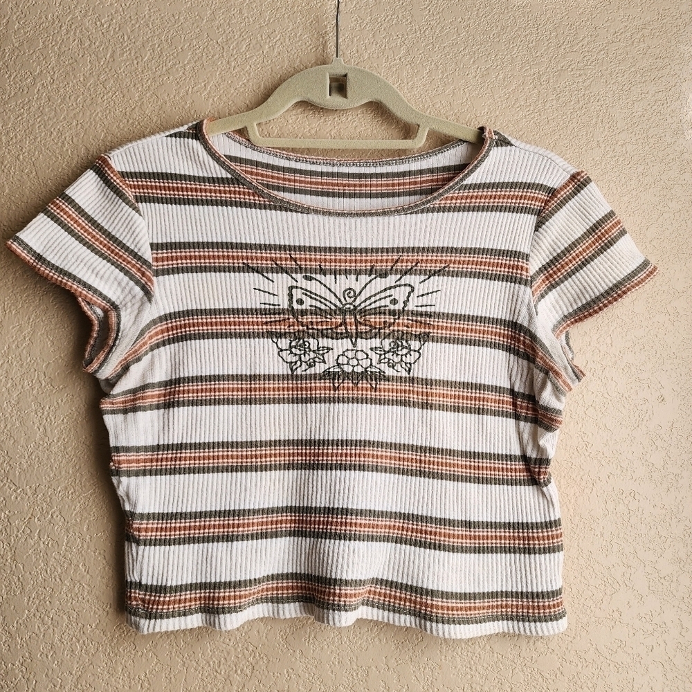 Tillys Fivestar General Co Butterfly Graphic Cream striped rib crop top Size M - Picture 2 of 13